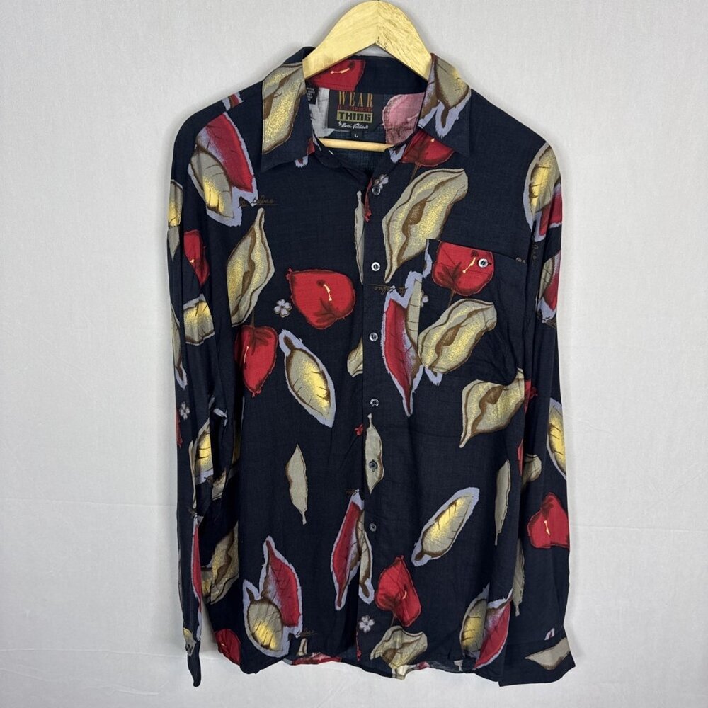 Wear the‎ Right Thing by Hensi Valdise Shirt L Korea 90s Rayon Black Red Gold
